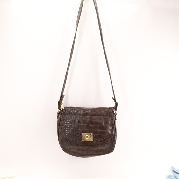 Liz Claiborne Handbag Women Brown Leather Croc Faux Leather Shoulder Saddle Bag - Picture 1 of 16